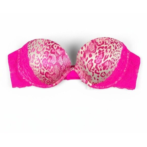 Victorias Secret Pink Heartbreaker Plunge Multi-Way Bra 34C Nylon/Elastane Leopa - Picture 1 of 7